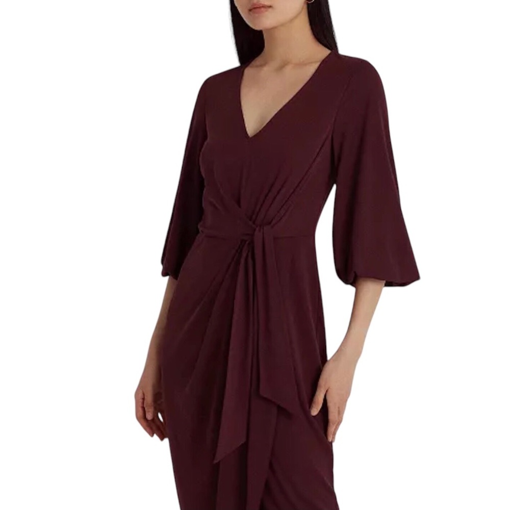 Lauren Ralph Lauren Tie Front Midi Dress Red Stretch Jersey Size 6 - Picture 6 of 9